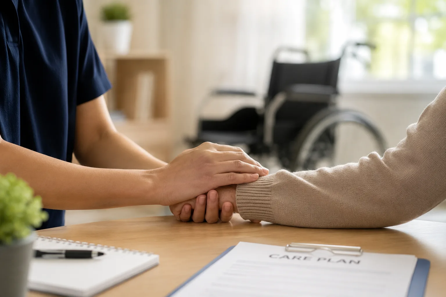 A social service professional offering a reassuring hand to a client while reviewing a care plan